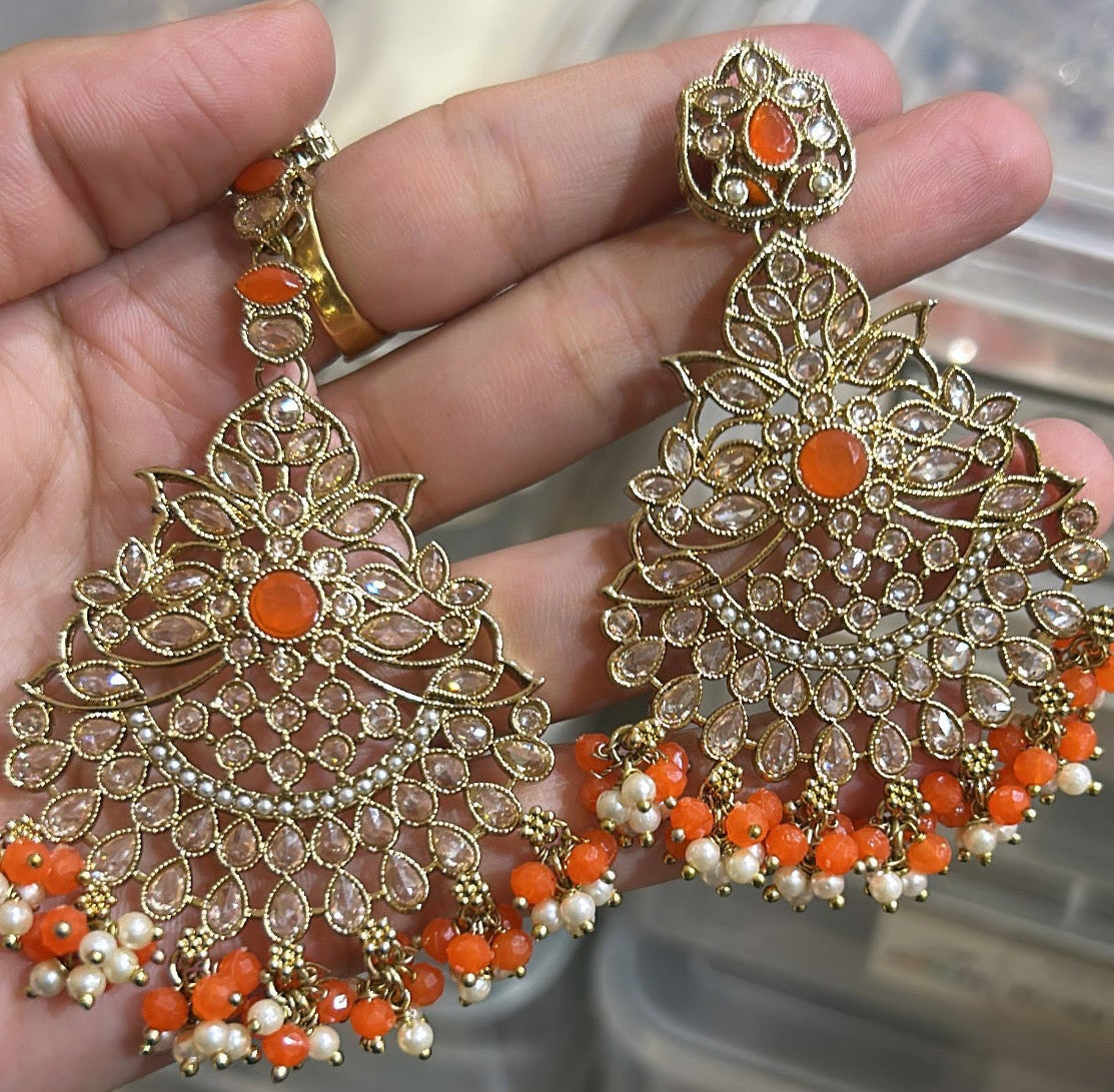 Orange & Golden Earrings and Tikka Set