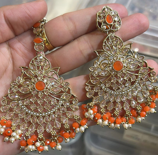 Orange & Golden Earrings and Tikka Set