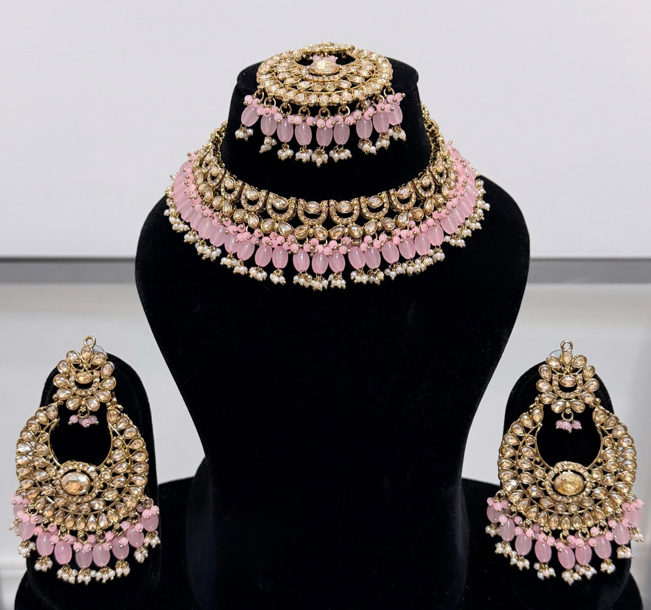 Pink & Golden Color Polki Necklace Set