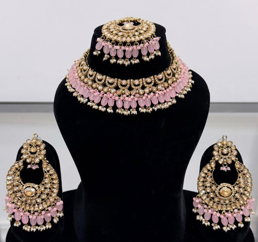 Pink & Golden Color Polki Necklace Set