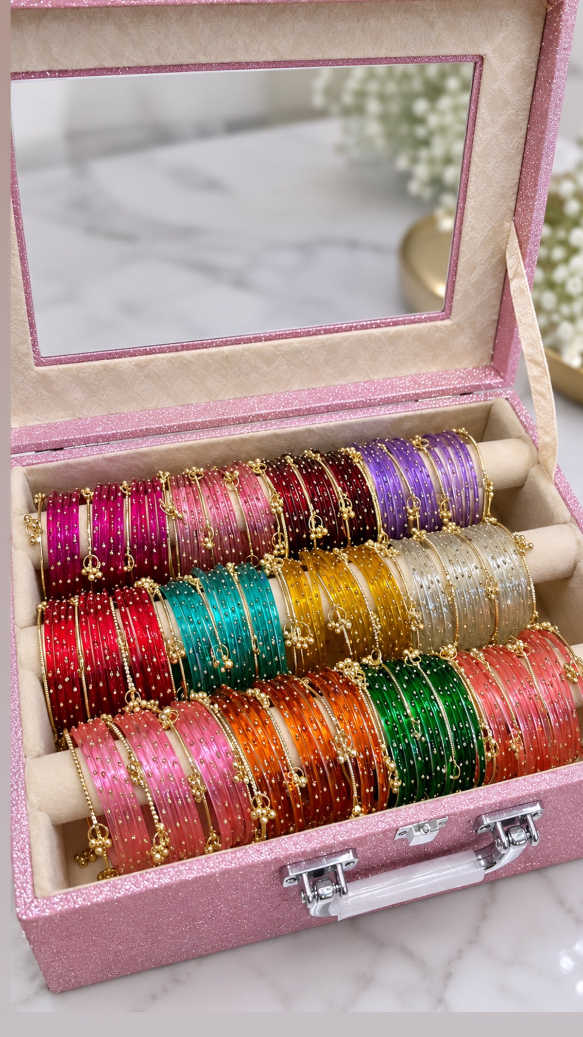 Piya Kashmiri Glass Bangle Box-3 Rod Box Is Included