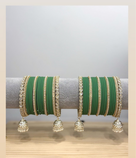 Green and Gold Bangle Set with Hangings