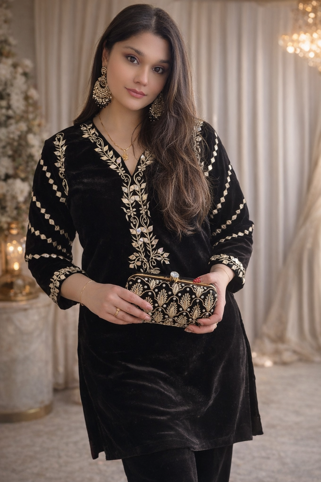 Black Velvet Embroidered Cord Set