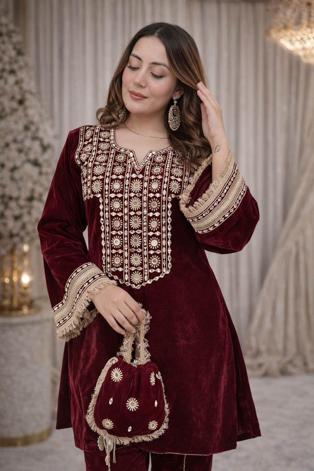 Maroon Party Wear Embroidered with Sequin Work Cord Set with matching Bag