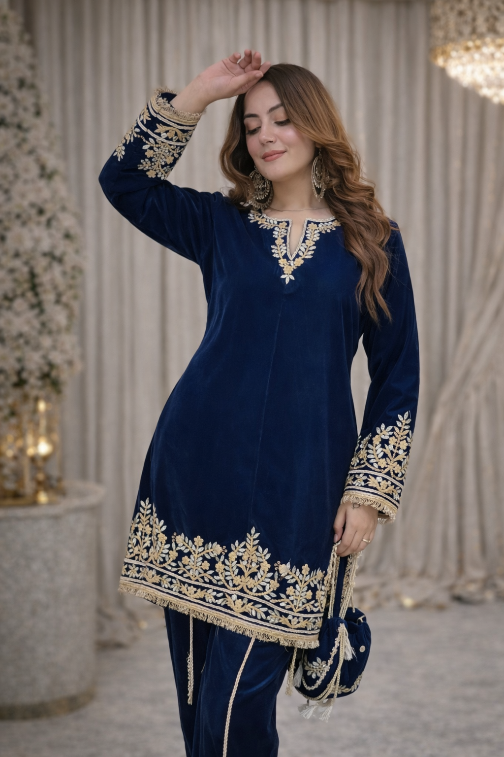 Navy Blue Party Wear Embroidered with Sequin Work Cord Set with Matching Bag