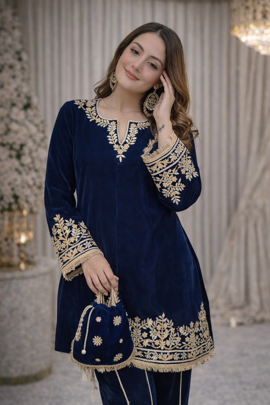 Navy Blue Party Wear Embroidered with Sequin Work Cord Set with Matching Bag