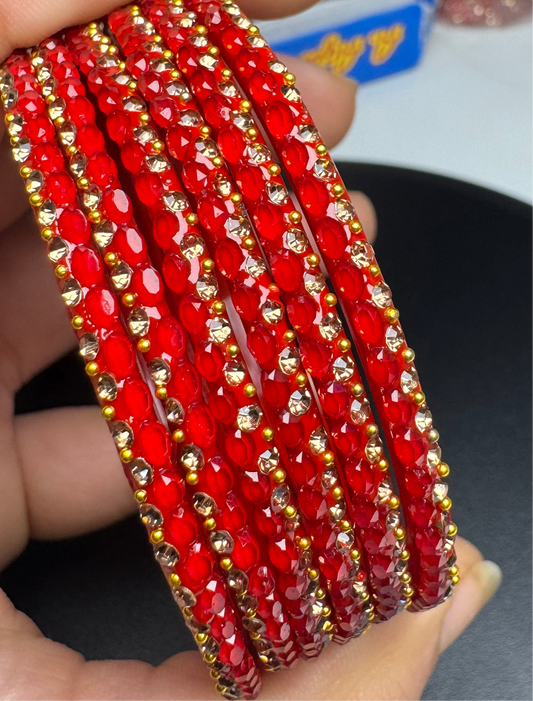Golden & Red Glass Bangles Set Of 12