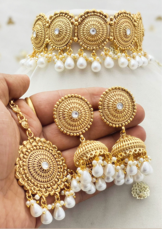 Gold Plated Choker Set with Pearls