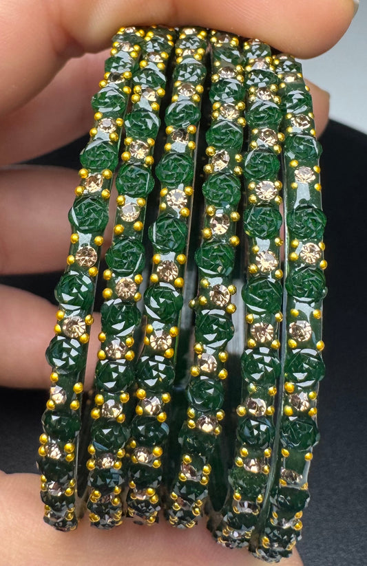 Dark Green Flower Style Glass Bangles Set of 12