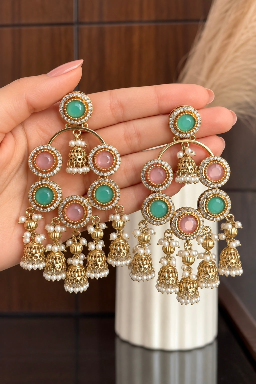 Divyanka Mint & Pink Statement Earrings