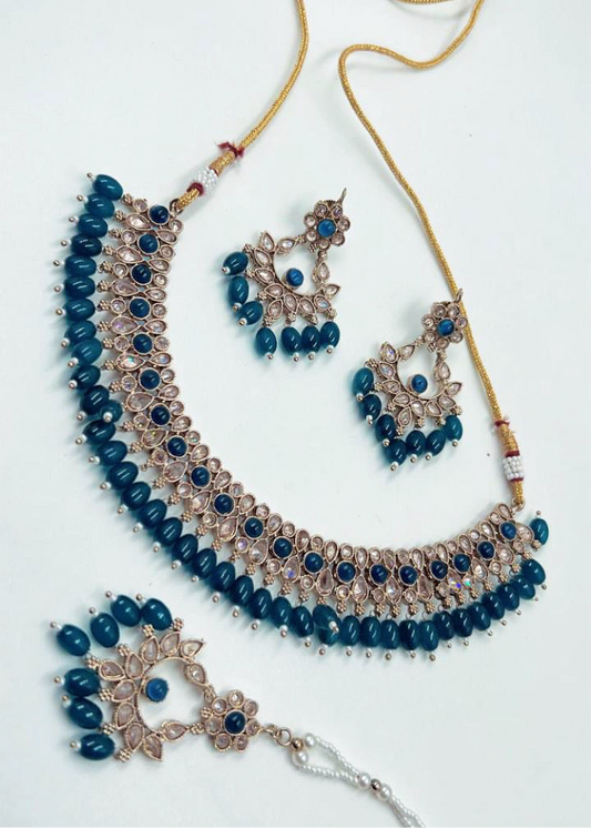 Navy Blue Polki Necklace Set