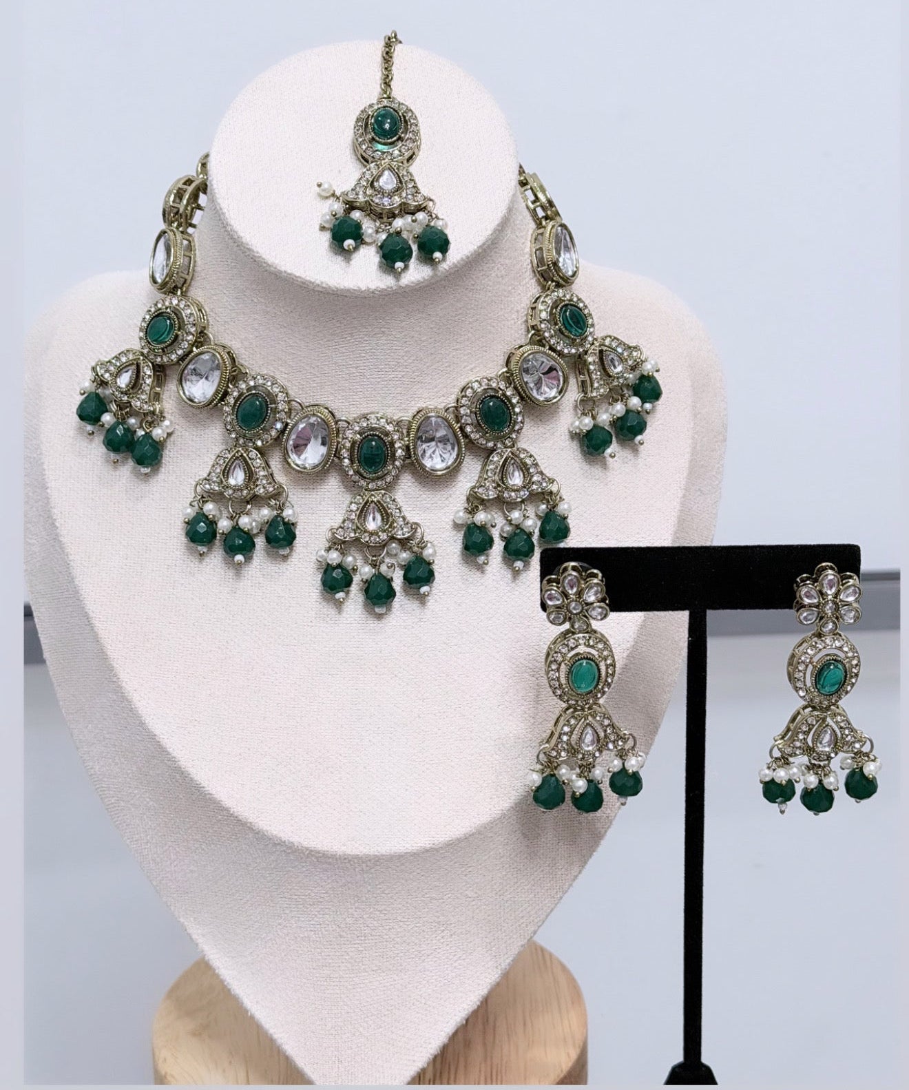 Dark Green Polki & Kundan Style Necklace Set