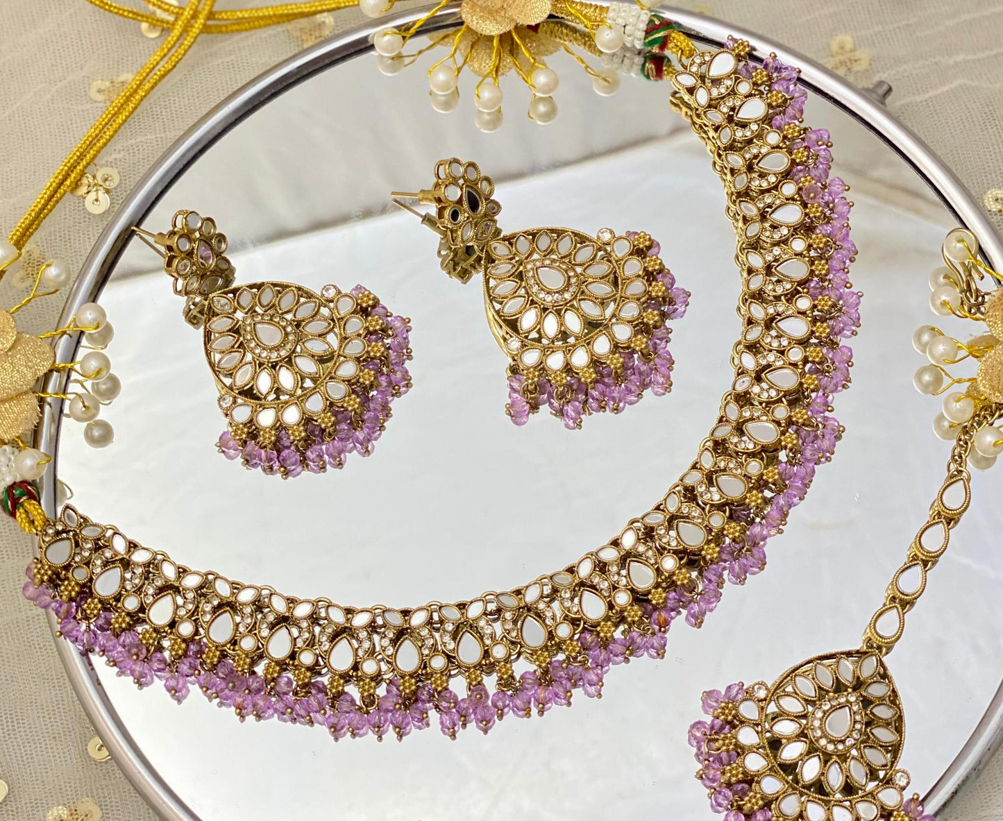 Light Purple & Golden Mirror Necklace Set