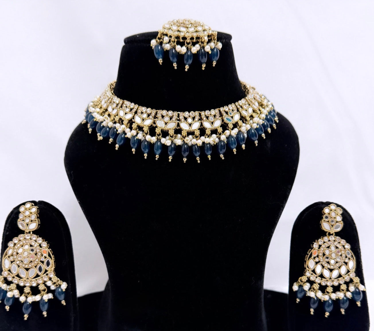 Navy Blue & Golden Mirror Style Necklace Set