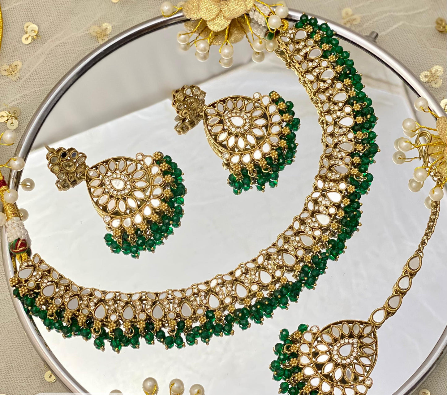 Dark Green Mirror Necklace Set