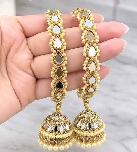 Golden Mirror Work Ghungroo Hanging Bangle Set of Two