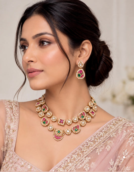 Meena Pachi Kundan Two Layered Necklace Set