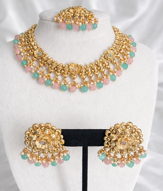 Sanj Premium Quality Necklace Set in Pink and Jade