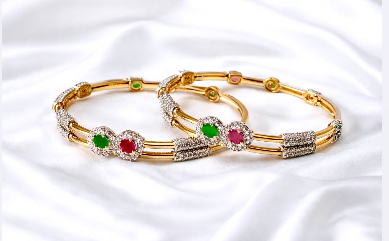 Ruby Green Gold Plated Bangle Set