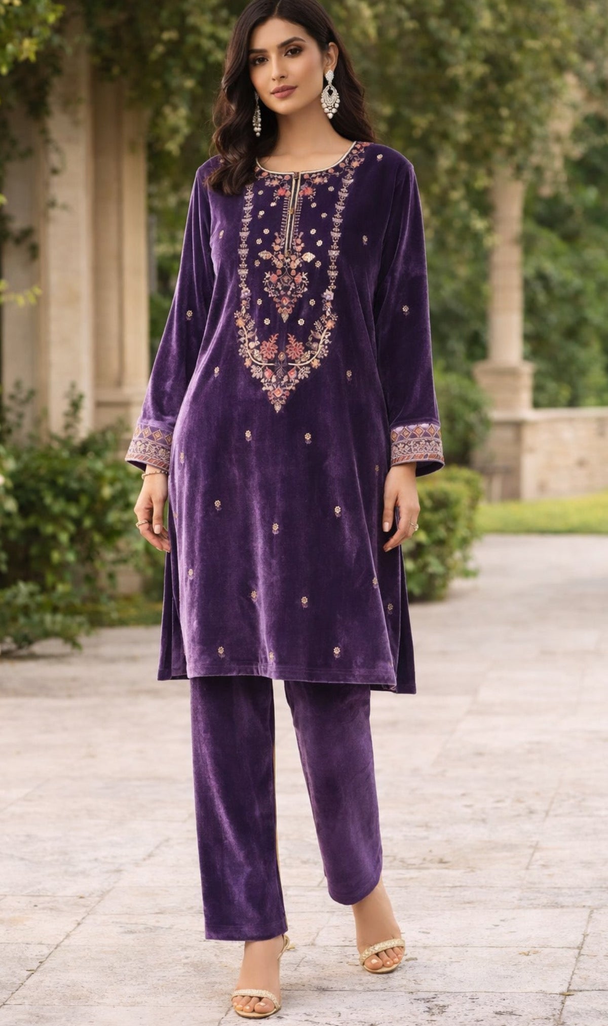 Purple Embroidered Velvet Cord Set