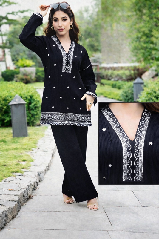 Woolen Black Shiny Cord Set