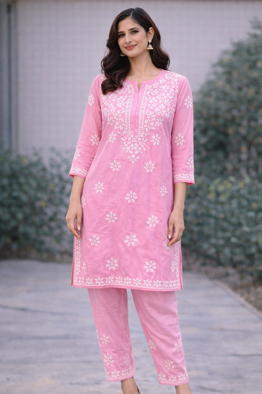 Pink Long Kurti with Pants Set