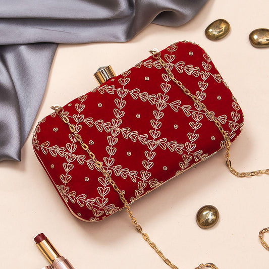 Red Embroidered Velvet Clutch
